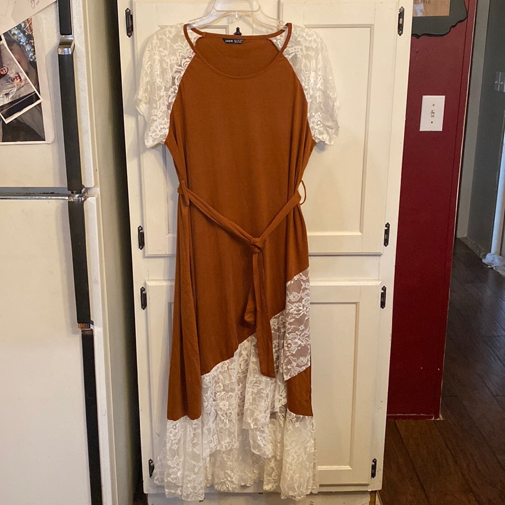 Camel and lace SHEIN dress